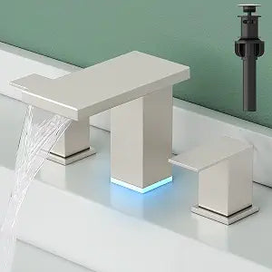 Hoimpro LED Bathroom Faucet 3 Hole 8 Inch Two Handles Brushed Nickel