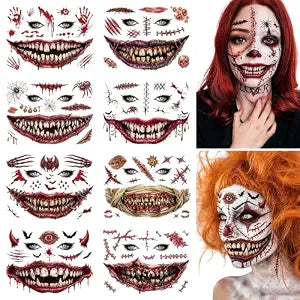 Halloween Temporary Tattoos, Scary Mouth & Monster Teeth Face Tattoos, Horror Tattoo Stickers for Adults, Zombie Makeup, Cosplay Costume Party Accessories
