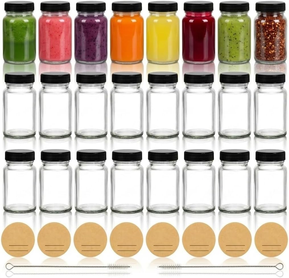 Tebery 24 Pack 2 oz Glass Shot Mini Bottles with Black Lid, Label and Brush