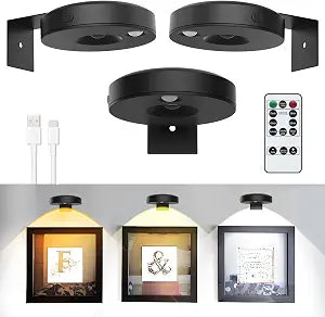 3Pack LED Picture Lights for Wall Rechargeable Battery Picture Frame Light with Remote Wireless Magnetic Art Display Light Dimmable&Timer Wall Sconce for Painting Poster Artwork Home Lighting Decor