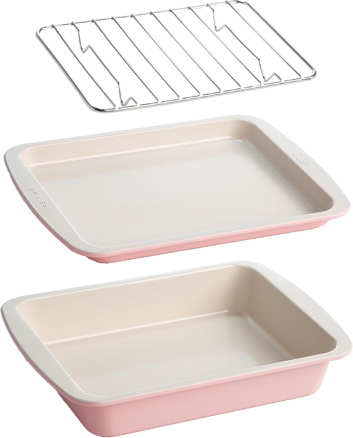 Tasty Nonstick Toaster Oven Baking Set Includes Cake Pan, Oven Tray, Rack, Carbon Steel Bakeware, 3-Piece Set, Pink
