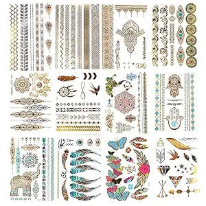 12 Sheets Flash Gold Metallic Temporary Tattoos for Women Girls Waterproof Gold Silver Tattoo Stickers for Beach Festivals Parties Long Lasting Nontoxic Glitter Fake Tattoos Exquisite Designs