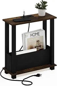 Furinno Turn-S-Tube Side Table, 2-Tier Slim Narrow End Table with Charging Station and Storage Bins, Night Stand, Bedside Table with USB and Type-C Port, for Living Room, Bedroom, Amber Pine