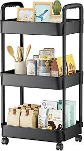 EZ COZY 3 Tier Rolling Cart, Plastic Diaper Cart Organizer with Wheels, Roller Cart for Diapers, Baby Nursery, Kitchen, Bathroom, Living Room and Bedside, Black