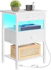 HOOBRO LED Nightstand with Charging Station, Adjustable Fabric Drawer