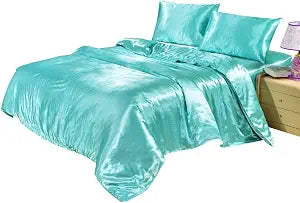 Bedding-Hotel Quality Silk Like Duvet Cover Set with Hidden Zipper Ties 3 Pcs (1 Duvet Cover, 2 Pillowcases) Silky Smooth Soft Durable Fade Stain Sistant (Aqua Blue, Twin)