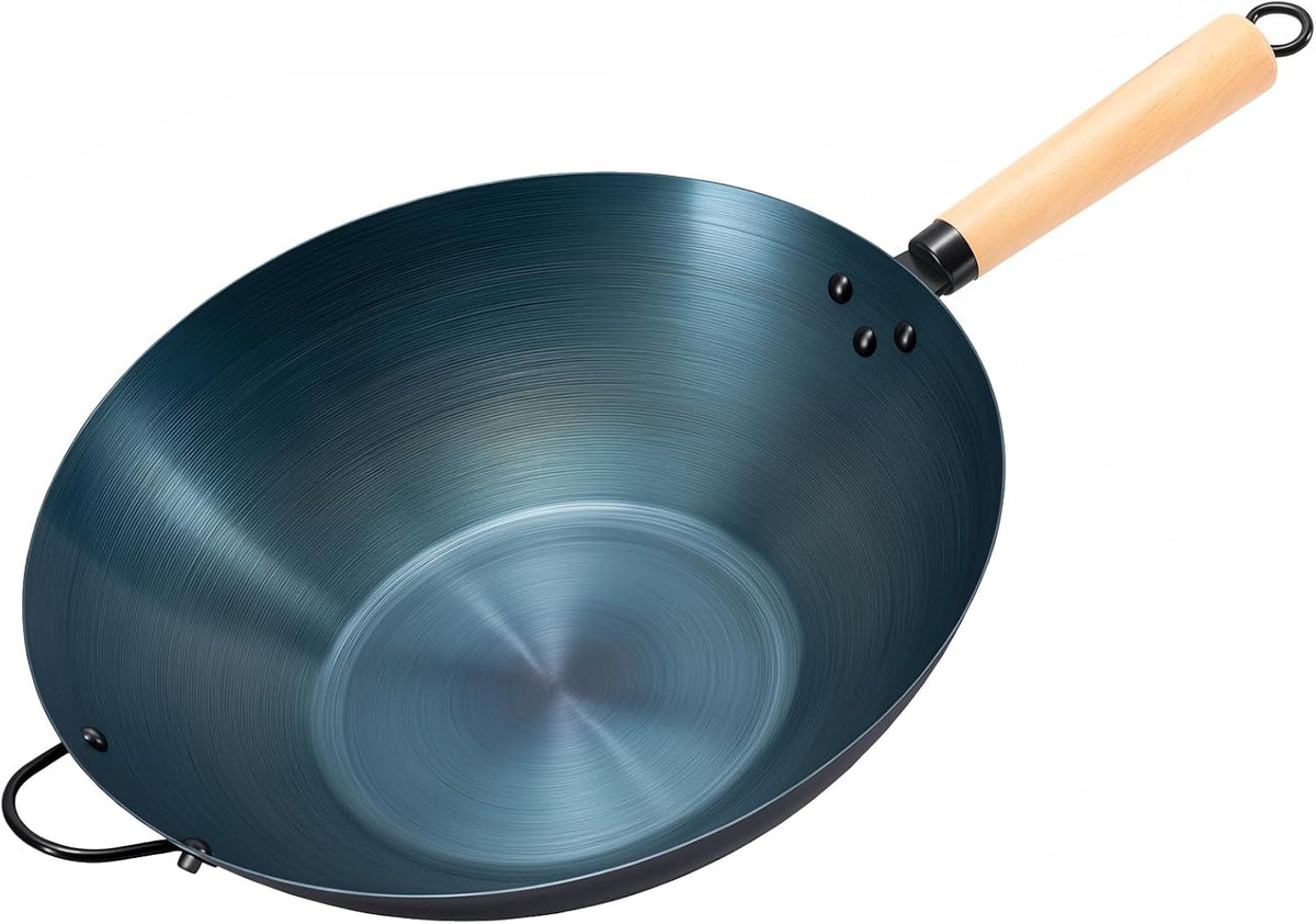 DUMOS 13.5" Pre-Seasoned Carbon Steel Wok Pan for Stir Fry, Blue