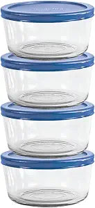 Anchor Hocking 2 Cup Glass Storage Containers with Lids, Set of 4 Glass Food Storage Containers with Blueberry SnugFit Lids