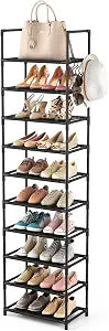 LANTEFUL 10 Tiers Tall Shoe Rack 20-25 Pairs Boots Organizer Storage Sturdy Narrow Shoe Shelf for Entryway, Closets with Hooks, Black
