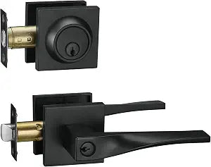 Berlin Modisch Sleek Series Entry Lever Door Handle Set and Single Cylinder Deadbolt Locking Lever HandleSet [Front Door or Office] Reversible Heavy Duty  Iron Black Finish