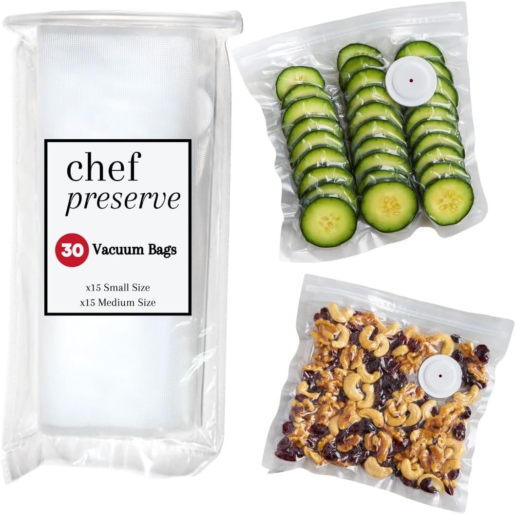 Chef Preserve Reusable Vacuum Sealer Bags for Food - 30 BPA-Free Food Storage Bags, Freezer, Microwave - Odor-Resistant, Leak-Proof - Compatible with Chef Preserve Vacuum Sealers