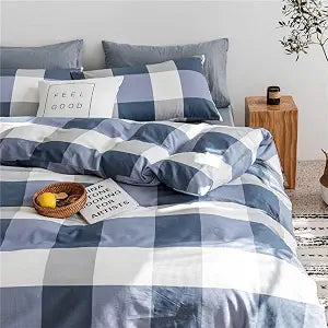 LifeTB Twin XL Comforter Set Modern Style Plaid Checkered Pattern Comforter Fluffy Soft Blue White Grey Plaid Comforter with 2 Pillowcases Geomereic Print All Seasons Bedding Comforter Set Twin XL