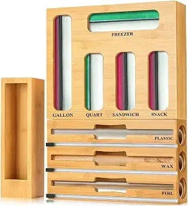 9 in 1 Bamboo Kitchen Drawer Organizer for Storage Bags, Foil & Plastic Wrap Holder with Built-In Cutter, Fits Gallon, Quart, Sandwich, and Snack