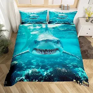 Erosebridal Boys Shark Comforter Cover Queen Size 3D Ocean Shark Duvet Cover,Hunting Sharks Animal Bedding Set Summer Tropical Sea Wildlife Quilt Cover,Hawaiian Sealife Bed Set for Girls