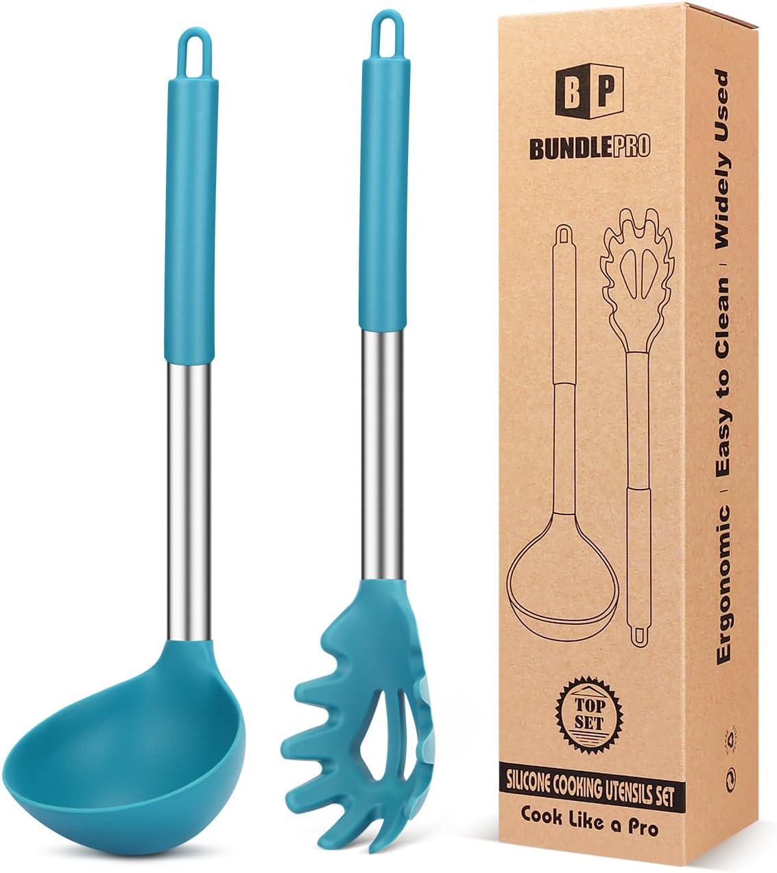 BUNDLEPRO Silicone Soup Ladle and Pasta Spoon Set, 2 Pack, Blue