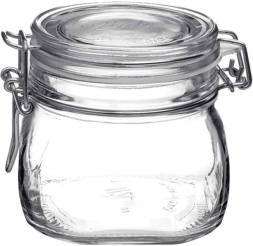 Bormioli Rocco Fido 17.5 Ounce Glass Storage Jars: Airtight Hinged Lid With Leak Proof Gasket, Wide Mouth Food Container - For Zero Waste Air Tight Preserving Jam, Spices, Coffee, Sugar & Herbs