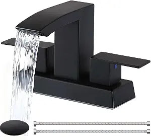 Friho Black Waterfall Bathroom Faucet, 4 Inch Centerset Bathroom Sink Faucets, 3 Hole 2 Handle with Square Spout, Pop up Drain and Water Hoses for Lavatory RV Vanity