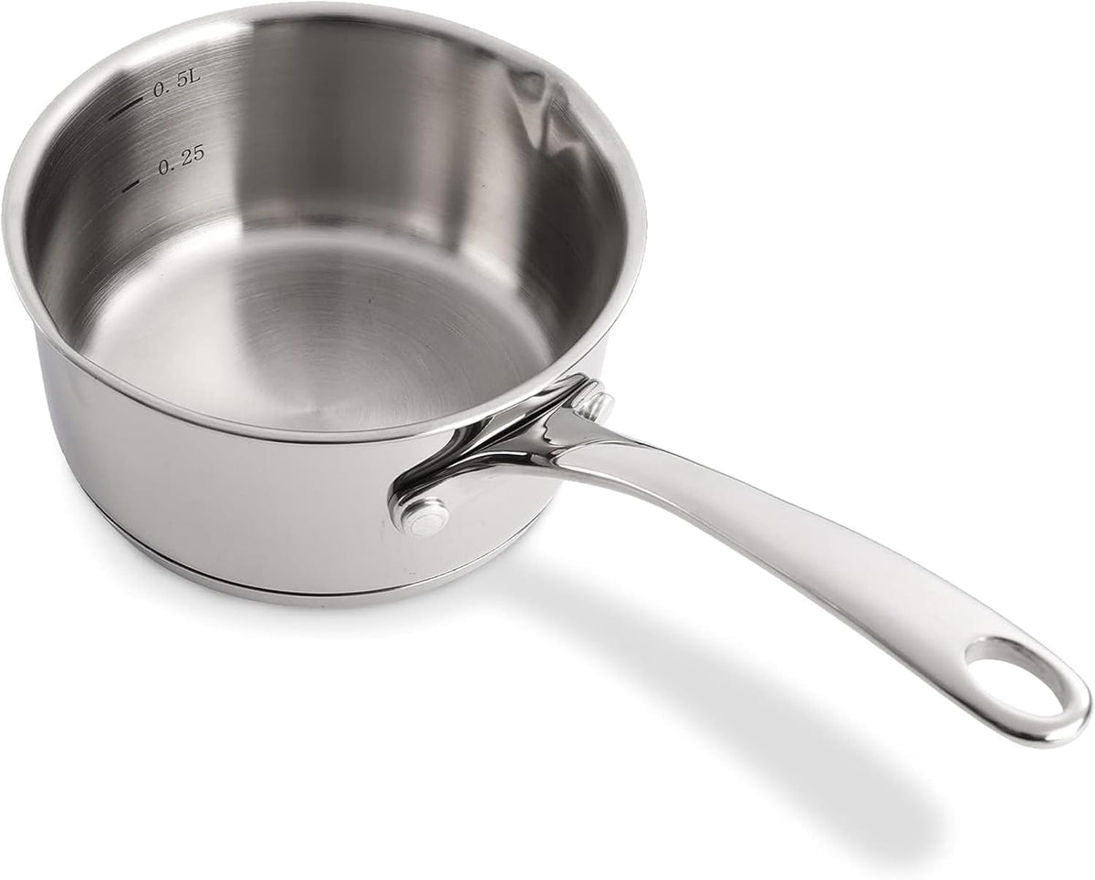 DEAYOU 18/10 Stainless Steel Butter Warmer Measuring Pan, 0.5-Quart Milk Warmer Pot with Dual Pour Spouts, 17OZ Small Sauce Pan for Stove Top, Chocolate Melting, Coffee Tea Soup Warming