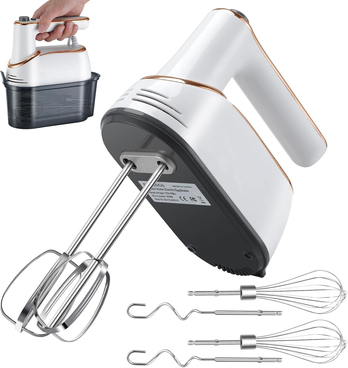 handheld mixer, 5-speed electric turbocharged, white, powerful 400W copper motor, 6 stainless steel accessories, used for baking, dough making, egg laying, mixing, cake making, milkshake