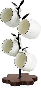 Mug Tree for Coffee Cups  Rustic Mug Holder Stand with 4 Hooks, Countertop Cup Rack for Coffee Bar & Kitchen Organization
