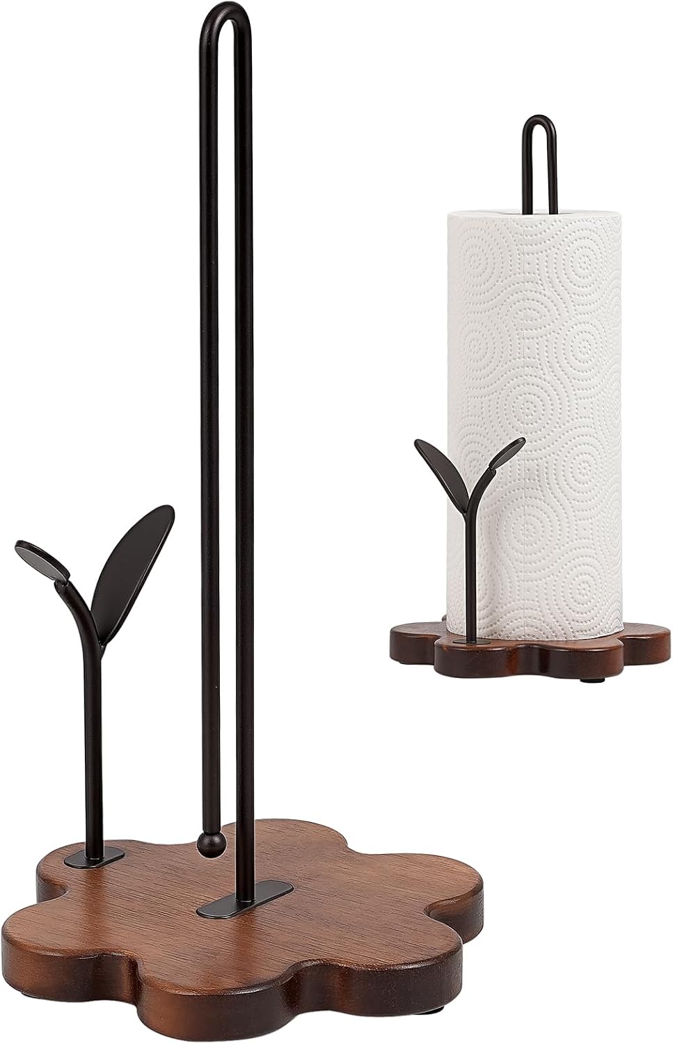 Wooden Paper Towel Holder Countertop, Floral Base with Dual Iron Rods in Antique Brown Finish, Leaf-Shaped Accent, Stable & Durable, Non Slip Pads, Elegant Kitchen/Dining DÃ©cor