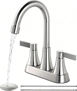 Brushed Nickel Bathroom Faucet 3 Hole, VAPSINT 4 Inch Centerset Bathroom Faucet, 2 Handle Stainless Steel Vanity Faucet for Vanity Lavatory RV with Pop-up Drain and 2 Supply Hoses