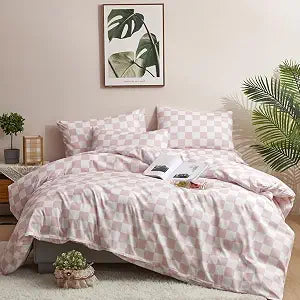 CLOTHKNOW Pink White Plaid King Size Comforter Set 3Pcs Checkerboard Bedding Comforter Sets Soft Lightweight All Season, Geometric Comforter with 2 x Pillowcases