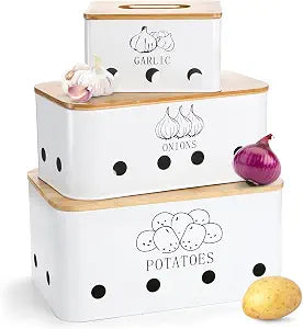 3 Pack Potato Onion Garlic Storage Set, Bamboo Lids