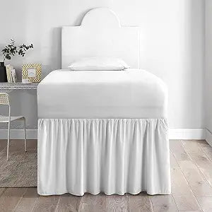 Extra Long Twin XL Ruffled Bed Skirt ��� 34-Inch Drop, Soft 100% Microfiber, Stylish Tailored Design ��� White Solid ��� Perfect for College Dorm Beds