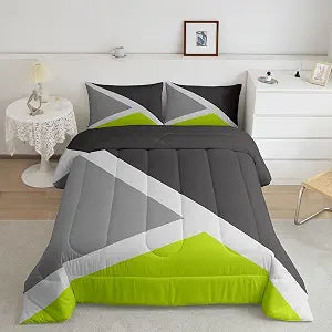 Erosebridal Patchwork Geometric Comforter Lime Green Gray Dark Gray and Light Grey Comforter Set Triangle Bedding Set Modern Abstract Quilt Duvet Insert 2 Pillow Cases Bedroom Decor,Queen