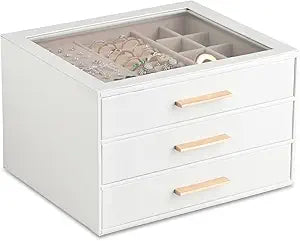 Frebeauty Jewelry Box for Women,Clear Lid Jewelry Organizer with 3 Drawers