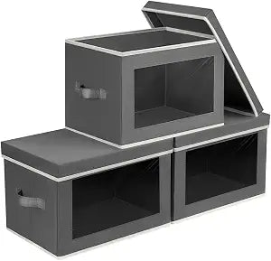 Homsorout Storage Bins with Lids - Fabric Storage Boxes with Window, Collapsible Closet Organizers with Handles, 3 Pack Decorative Bin, Home Cubes Baskets for Clothes, Hat, Books, Dark Grey