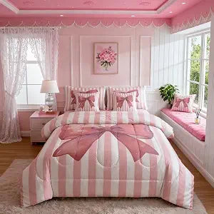 Pink Bowknot 7 Pieces Bedding Set Twin,Dreamy Watercolor Bow-tie Kawaii Girly Bed in a Bag for Kids,Cartoon Princess Style Geometric Pink Stripes Comforter Set with Sheets,Pillow Covers