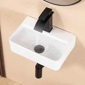 Small Vessel Sink 14"x10" Wall Mount Bathroom Sink Rectangular White Porcelain Ceramic Mini Floating Tiny Bathroom Wall Mounted RV Sink