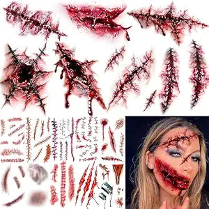 17 Sheets Scary Bloody Scar Tattoos Halloween Temporary Tattoos Face Stitch Wound Sticker, Realistic 3D Horrible Bite Scratch Fake Tattoos For Halloween Costume Vampire Zombie Makeup Party Accessories