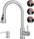 Kitchen Faucets with Soap Dispenser, Brushed Nickel Kitchen Faucet with Pull Down Sprayer 3 Modes, Stainless Steel Modern Kitchen Sink Faucets High Arch Single Handle Faucet