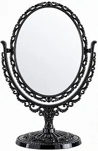 Double Sided Tabletop Makeup Mirror, Oval Swivel Desktop Stand, 360 Degree Rotation Vintage Two-Sided Mirror (Black)