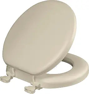 Mayfair Padded Toilet Seat, Cushioned Soft Vinyl over Wood Core Seat, Secure Hinges, Easy Clean, Made in USA, Round, Bone