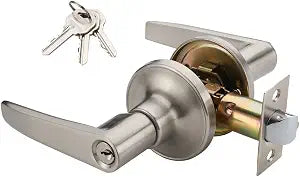 1 Pack of MANREN Lever Keyed Entry Door Lever Handle Lock, Universal Door Knob Hardware,Nickel Brushed Color (MR802ET)
