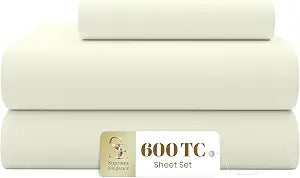 SUPREME ELEGANCE Twin Bed Sheets Set, 600 Thread Count, Sateen, Fresh Ivory