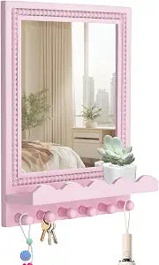 Tirzah 16x12 Inch Wall Mount Beaded Wood Framed Mirror with Shelf and 6 Hooks, Pink Decorative Entryway Mirror with Storage for Laundry Room, Bathroom, Bedroom