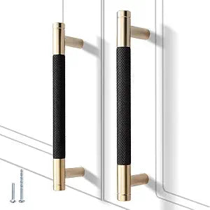 12 Pack 5 Inch 128 mm Knurled Cabinet Handles Cabinet Pulls Aluminum Handles Pulls Gold and Black Oxidation Finish with Diamond Pattern 6" Length (5" Hole Center)