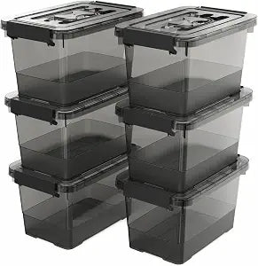 6 Pack Clear Black Plastic Storage Bins with Lids and Handles, Stackable Organizer Small Latch Boxes, Storage Containers for Organizing (4 Quart)
