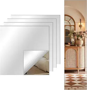 Self Adhesive Acrylic Mirror Tiles,8 x 8 Inches,4 Pack,Peel and Stick Shatterproof Flexible Plastic Mirror Sheets for Wall, Bedroom, Door, Home Gym