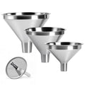 4-Piece Stainless Steel Kitchen Funnel Set, Includes 3 Funnel Sizes and 1 Strainer. Ideal for transferring seasonings, Oils, Liquids, Dry Goods and Powders. Durable and Easy to Clean.