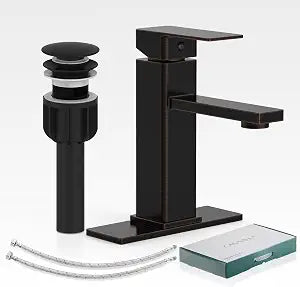 Bathroom Sink Faucet, Oil Rubbed Bronze Bathroom Sink Faucets & Parts(Pop-up Drain+6" Escutcheon Plate+Supply Hoses), Single Handle for Modern Farmhouse RV Sink