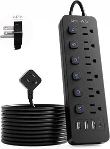 6Ft Power Strip with 6 Individual Switches, 6 Outlets