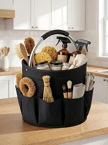 Cleaning Caddy, 17L Foldable Basket with Handle, 6 Pockets, Black