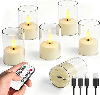Rechargeable Flameless Tea Light Candles, LED Tea Lights with Remote & 2-8H Timer, 6-Pack, USB-C, Acrylic, White, for Home, Wedding, Dinner Party, Sports Bar Night, Living Room & Hotel