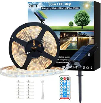 Solar Led Strip Lights Outdoor, 20ft 336LED Solar Rope Lights Self-Adhesive Waterproof, 8 Mode with Remote Timer and Auto On/Off, Perfect for Deck, Patio, Poolside, Camping Decor, Warm White